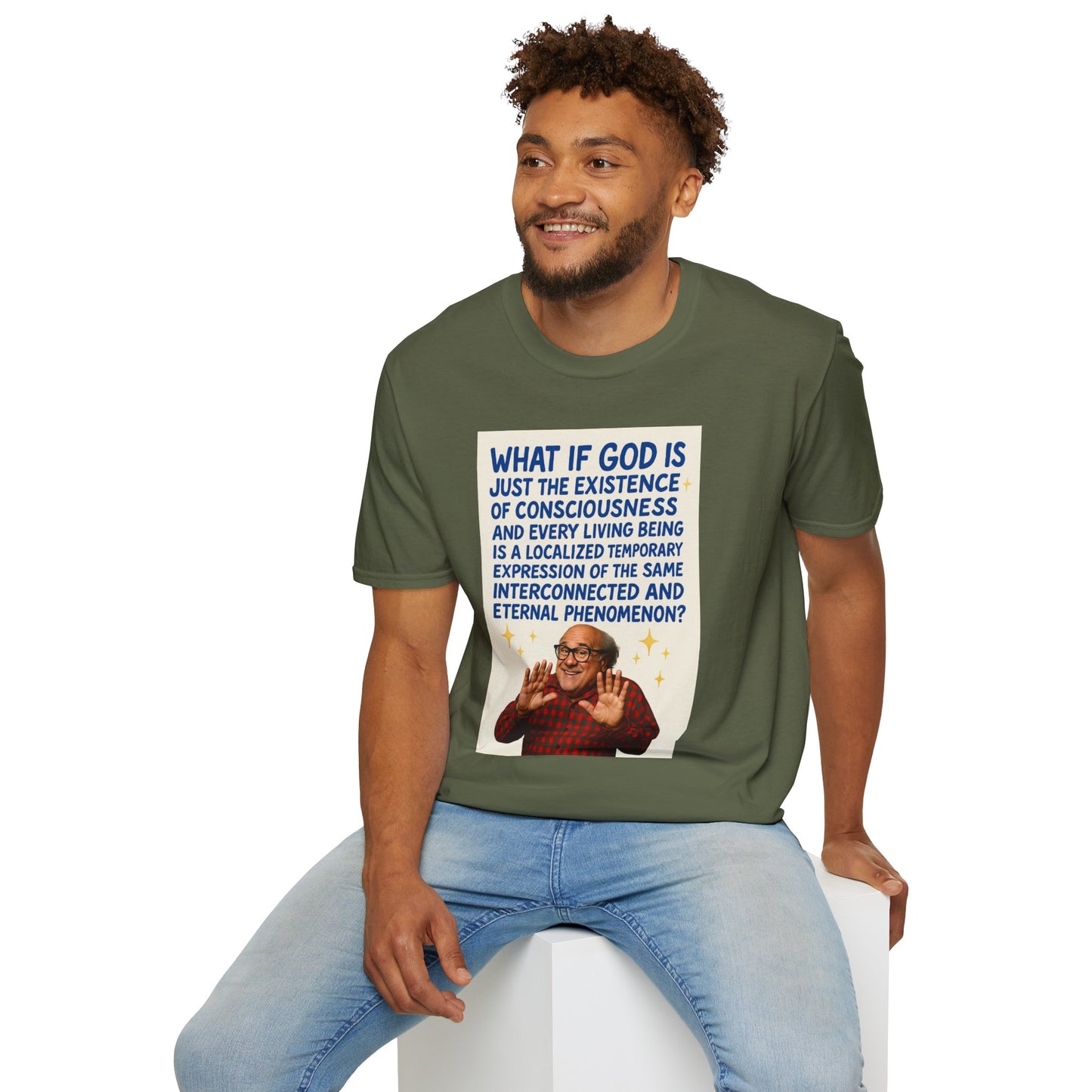 Philosophic Danny D Crewneck T-Shirt — “What If God Is…” Consciousness Tee
