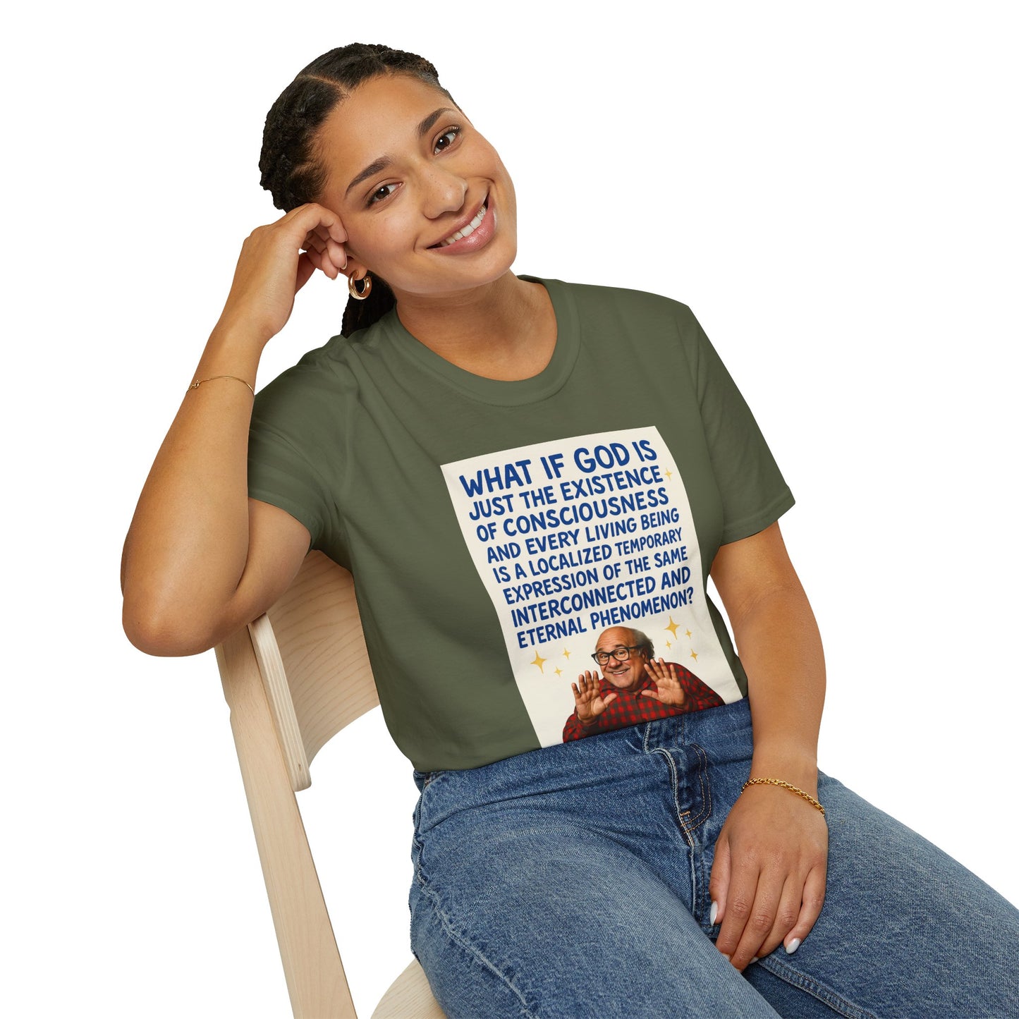 Philosophic Danny D Crewneck T-Shirt — “What If God Is…” Consciousness Tee
