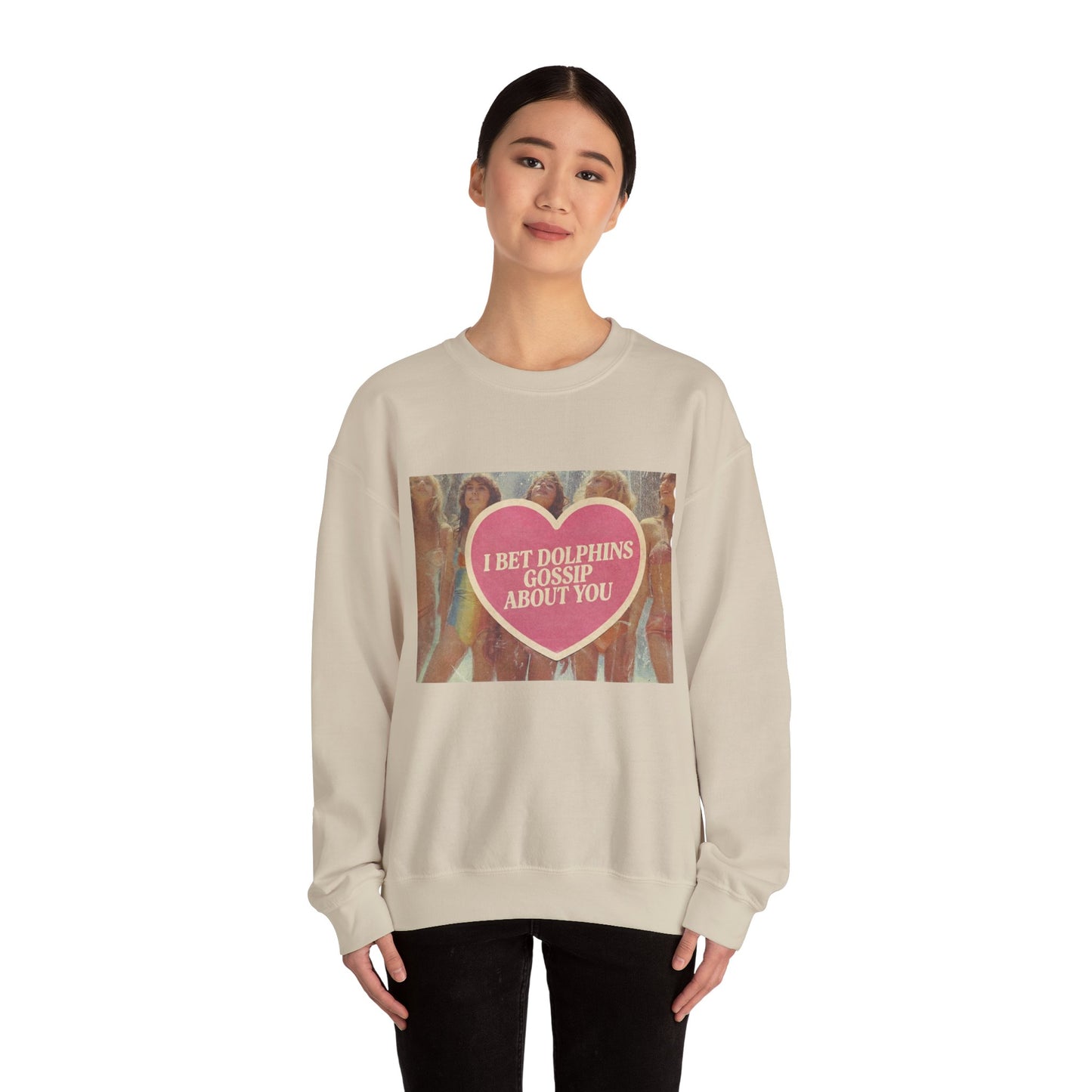 The Paranoia Pullover — 'I Bet Dolphins Gossip About You' Vintage Heart Crew Neck Sweatshirt