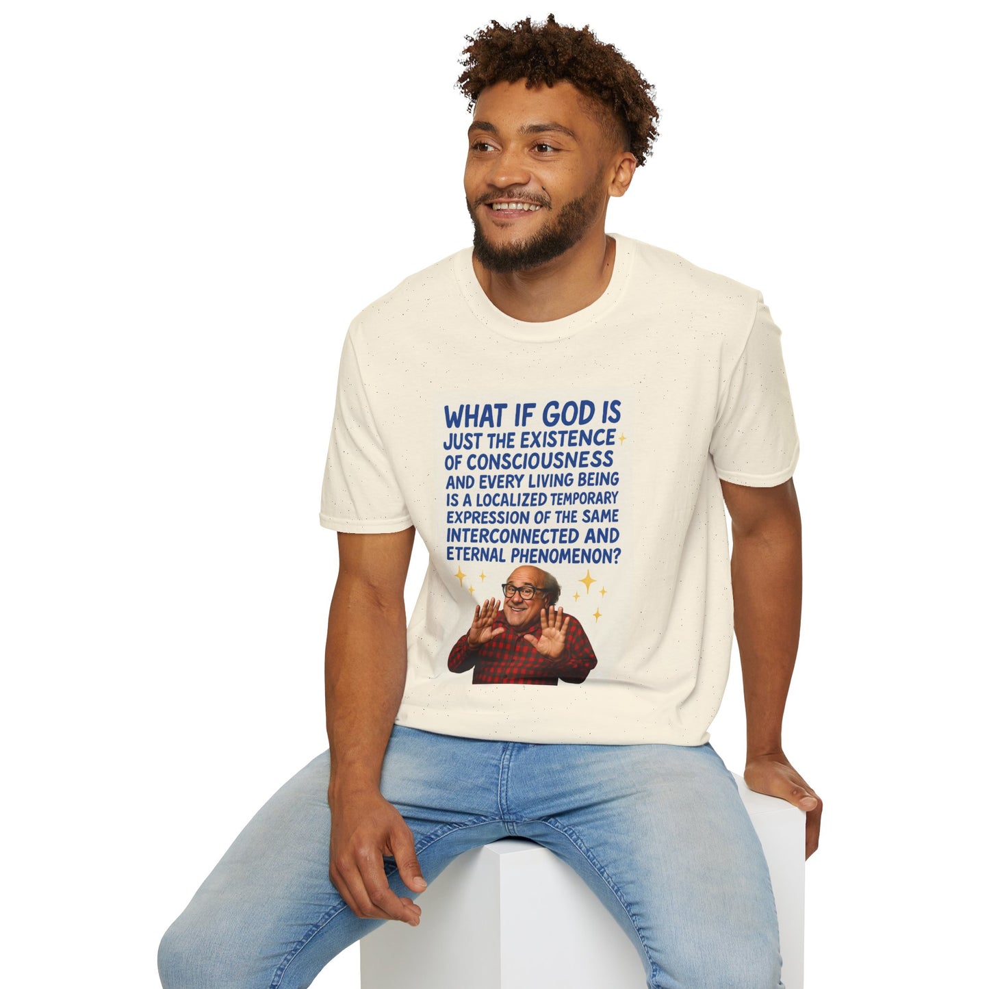 Philosophic Danny D Crewneck T-Shirt — “What If God Is…” Consciousness Tee