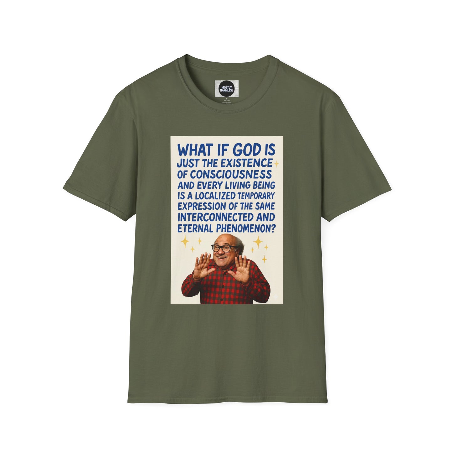 Philosophic Danny D Crewneck T-Shirt — “What If God Is…” Consciousness Tee