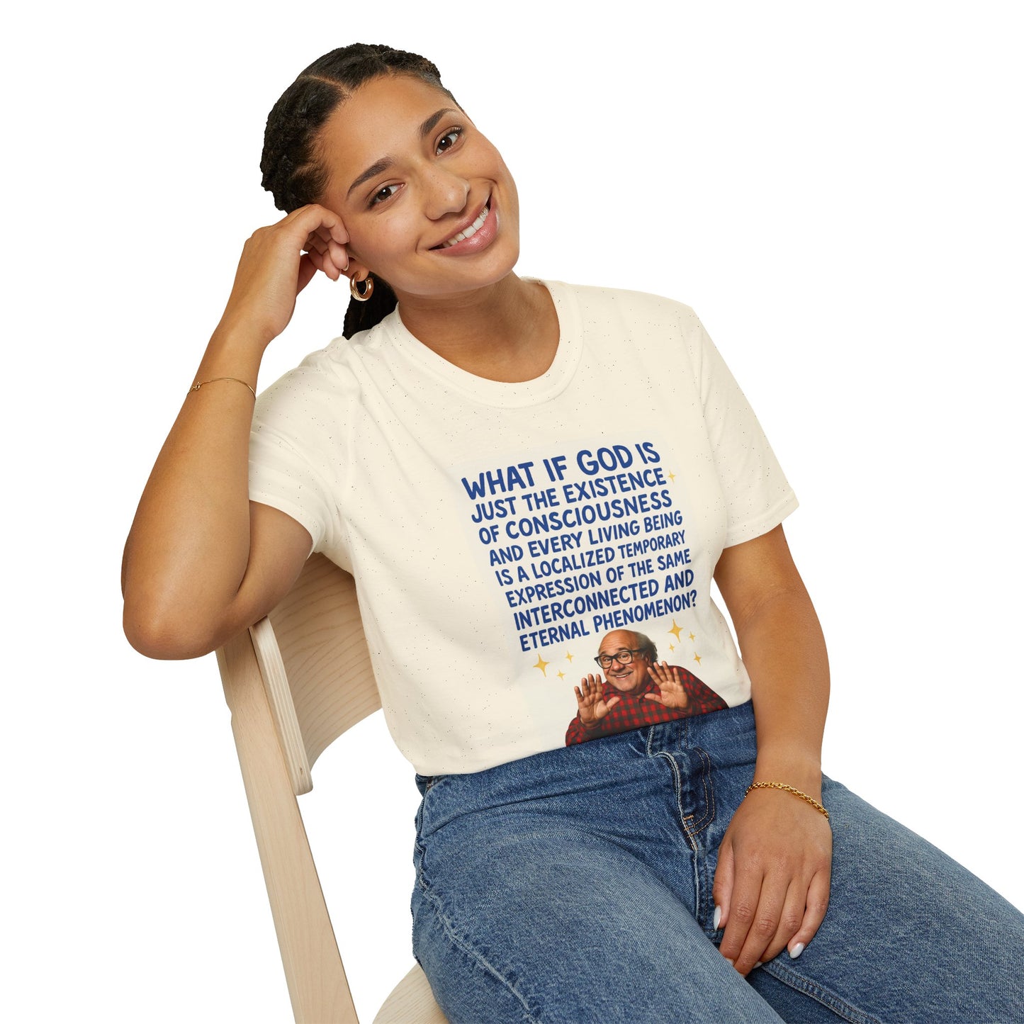 Philosophic Danny D Crewneck T-Shirt — “What If God Is…” Consciousness Tee