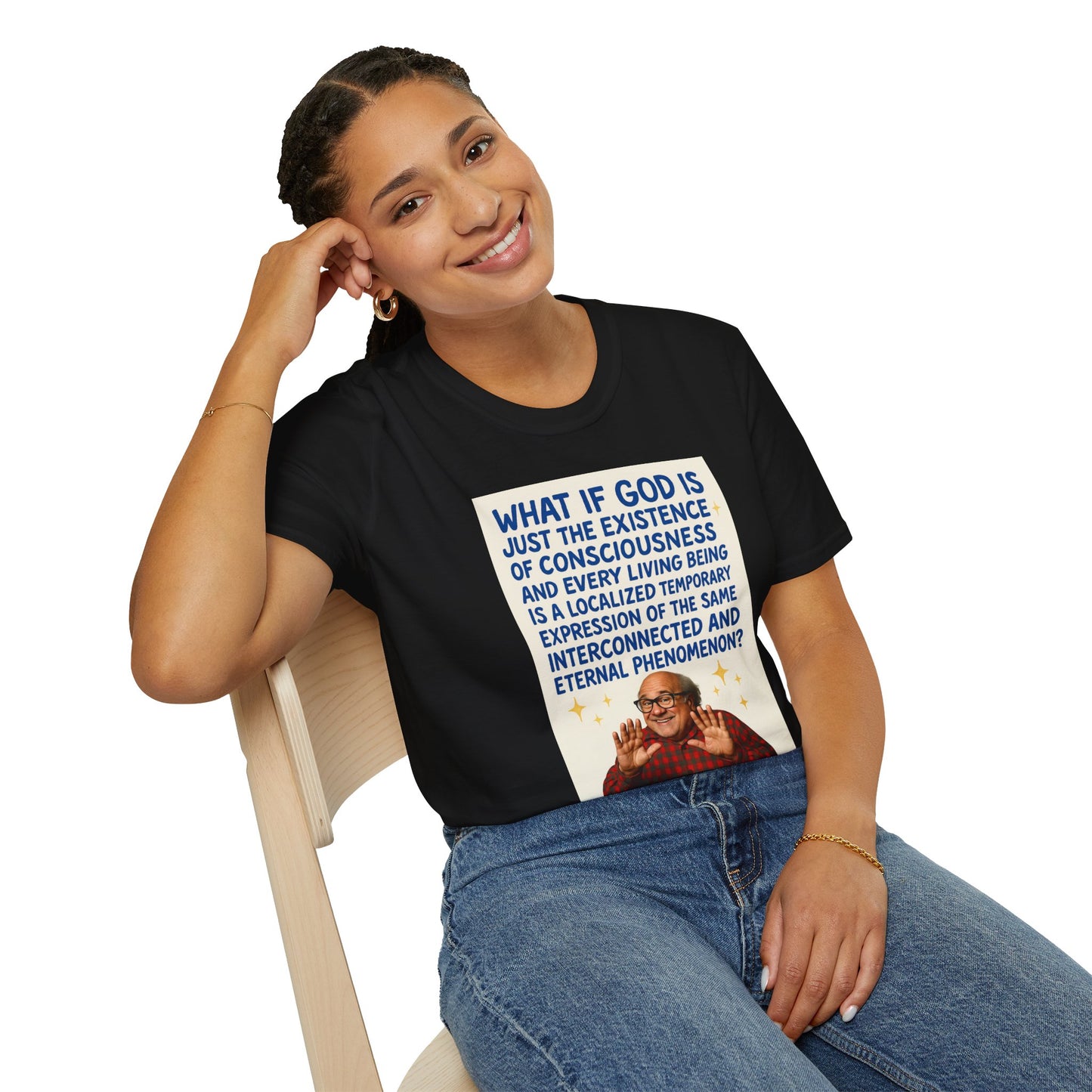 Philosophic Danny D Crewneck T-Shirt — “What If God Is…” Consciousness Tee