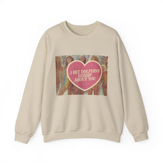 The Paranoia Pullover — 'I Bet Dolphins Gossip About You' Vintage Heart Crew Neck Sweatshirt