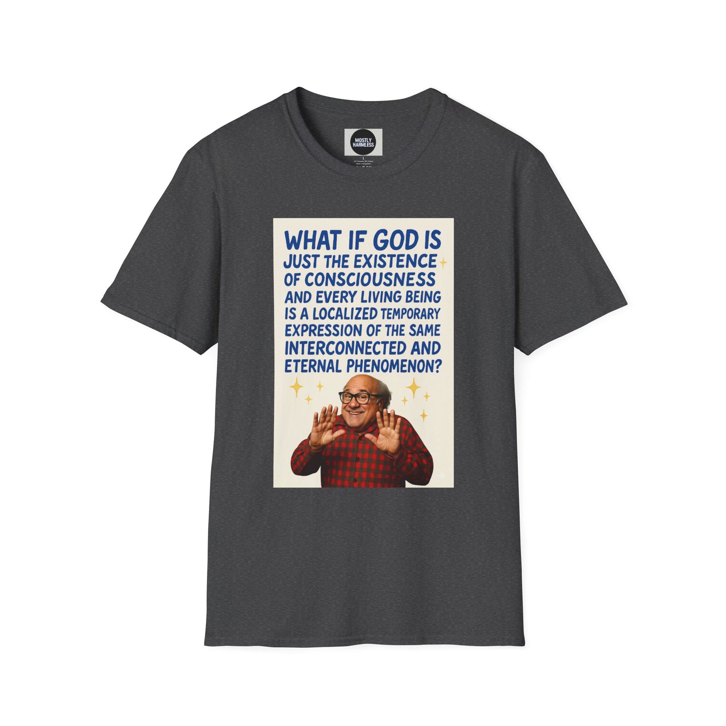 Philosophic Danny D Crewneck T-Shirt — “What If God Is…” Consciousness Tee