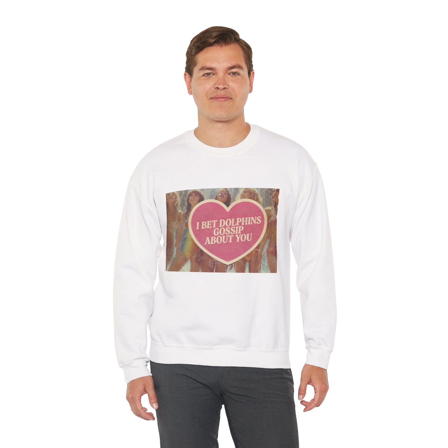 The Paranoia Pullover — 'I Bet Dolphins Gossip About You' Vintage Heart Crew Neck Sweatshirt